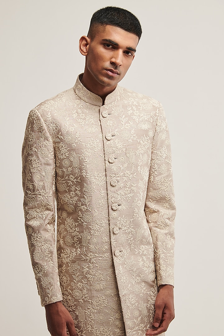 Moon Rock Silk Embroidered Groom Sherwani Set by Dhruv Vaish at Pernia's Pop Up Shop