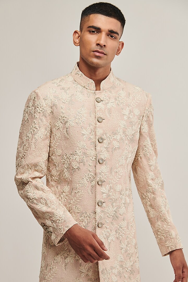 Pink Dust Silk Hand Embroidered Groom Sherwani Set by Dhruv Vaish at Pernia's Pop Up Shop
