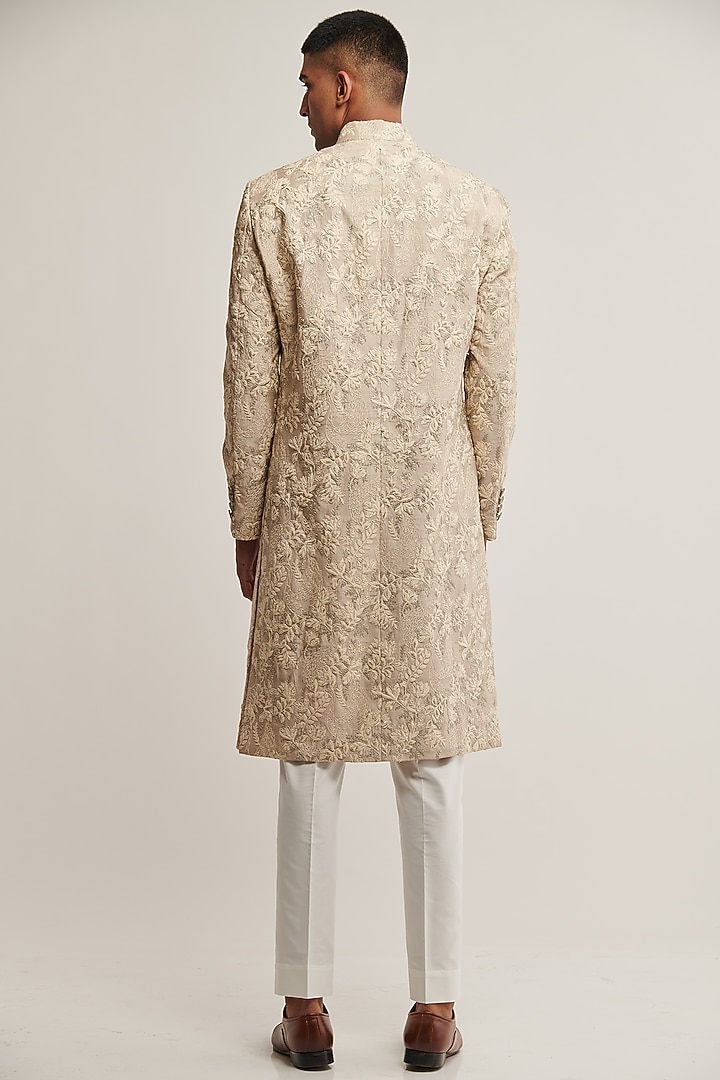 Moon Rock Silk Embroidered Groom Sherwani Set by Dhruv Vaish at Pernia's Pop Up Shop