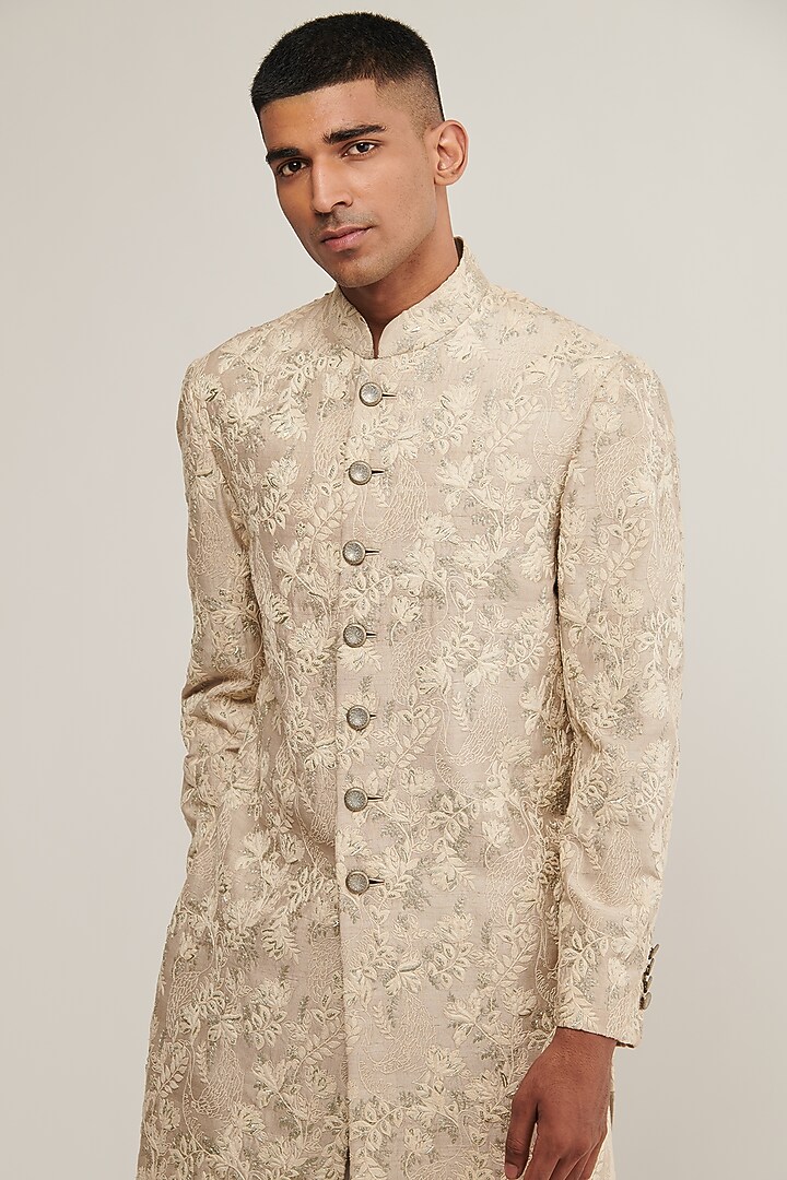 Moon Rock Silk Embroidered Groom Sherwani Set by Dhruv Vaish at Pernia's Pop Up Shop