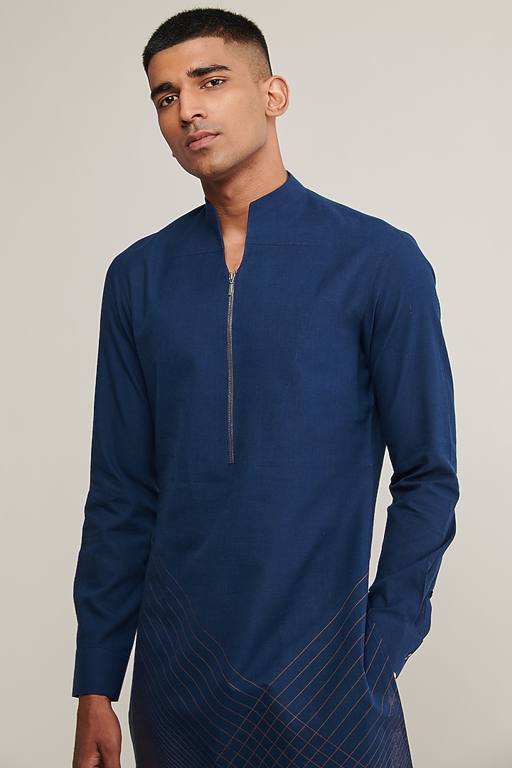 Indigo Handloom Cotton Printed Kurta Set by Dhruv Vaish at Pernia's Pop Up Shop