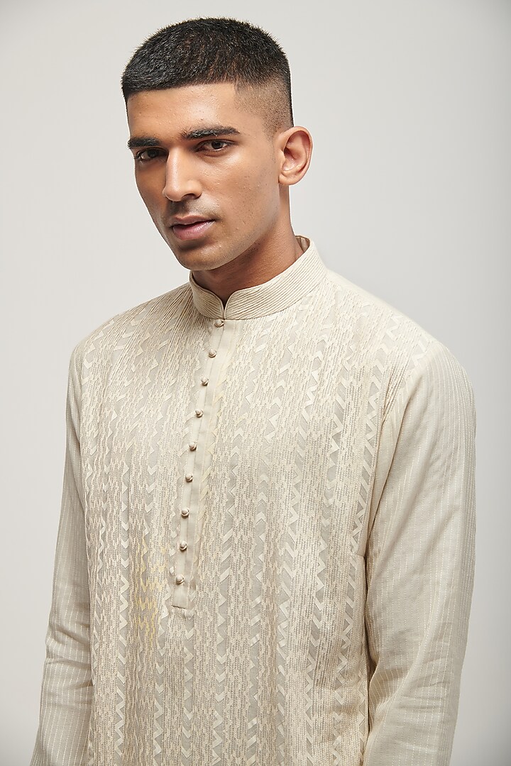 Vanilla Cotton Silk Chanderi Printed Kurta Set by Dhruv Vaish at Pernia's Pop Up Shop