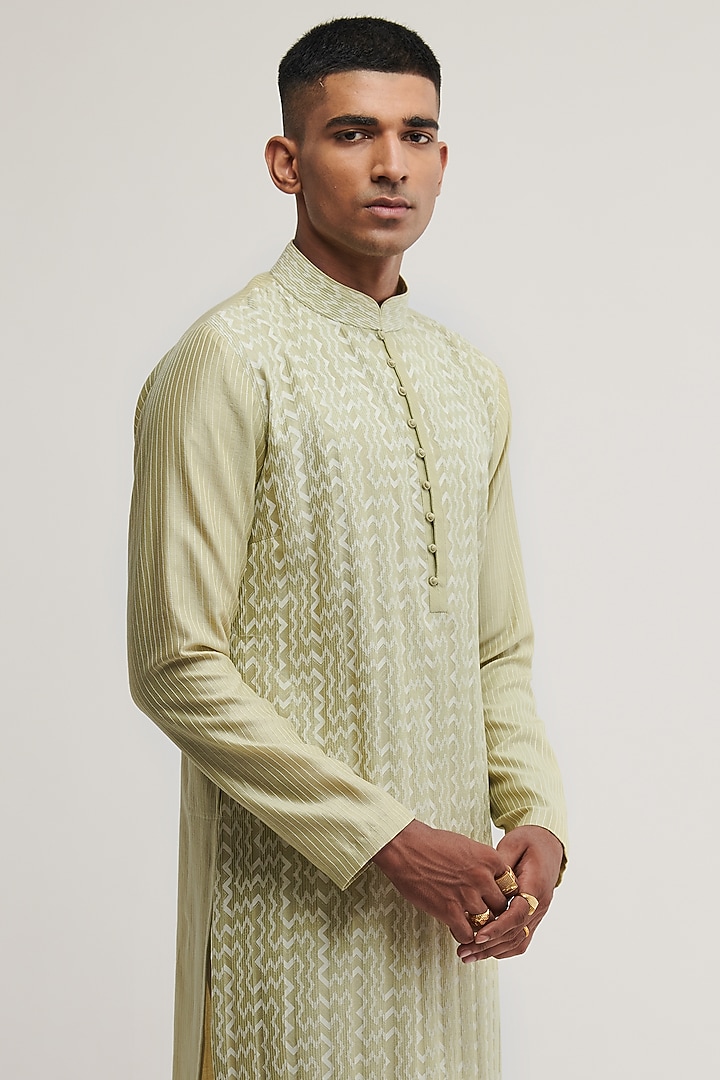 Pale Mint Cotton Silk Chanderi Printed Kurta Set by Dhruv Vaish at Pernia's Pop Up Shop