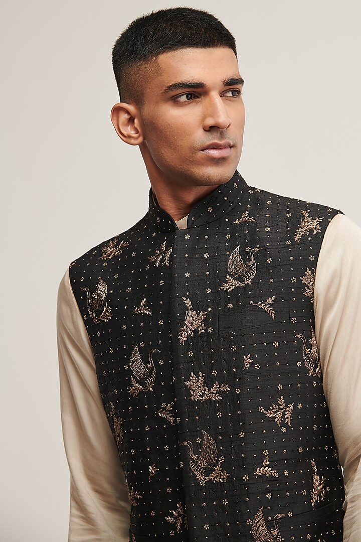 Black Silk Zari Embroidered Jawahar Jacket by Dhruv Vaish at Pernia's Pop Up Shop