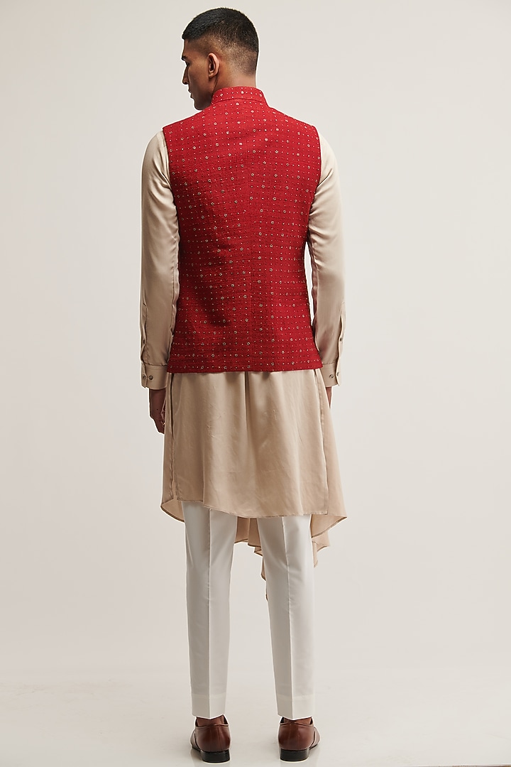 Ruby Red Silk Zari Embroidered Nehru Jacket by Dhruv Vaish at Pernia's Pop Up Shop