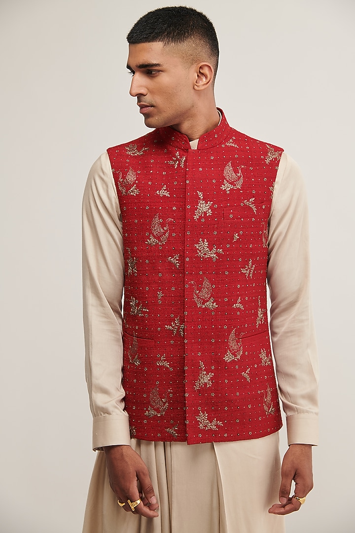 Ruby Red Silk Zari Embroidered Nehru Jacket by Dhruv Vaish at Pernia's Pop Up Shop