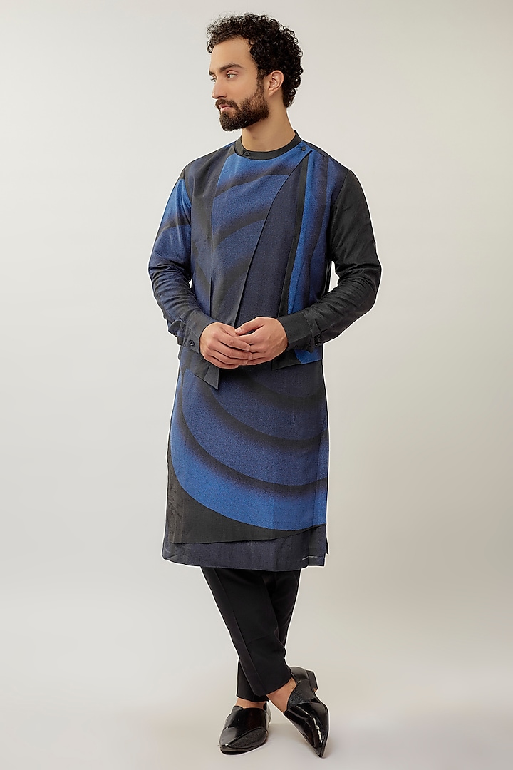 Black & Blue Cotton Silk Chanderi Printed Kurta Set by Dhruv Vaish