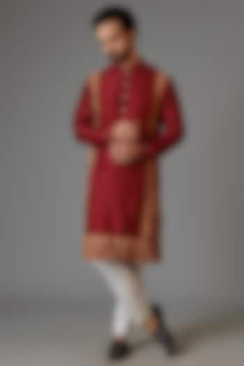 Red Cotton Silk Printed Kurta Set by Dhruv Vaish