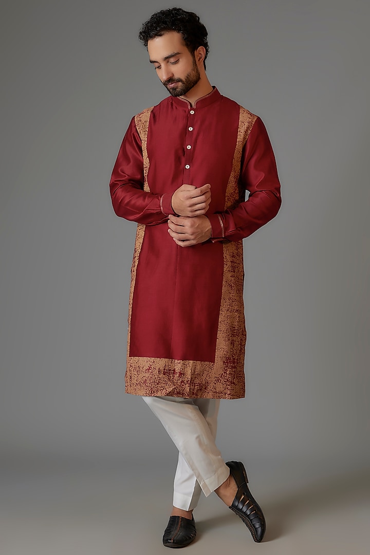 Red Cotton Silk Printed Kurta Set by Dhruv Vaish