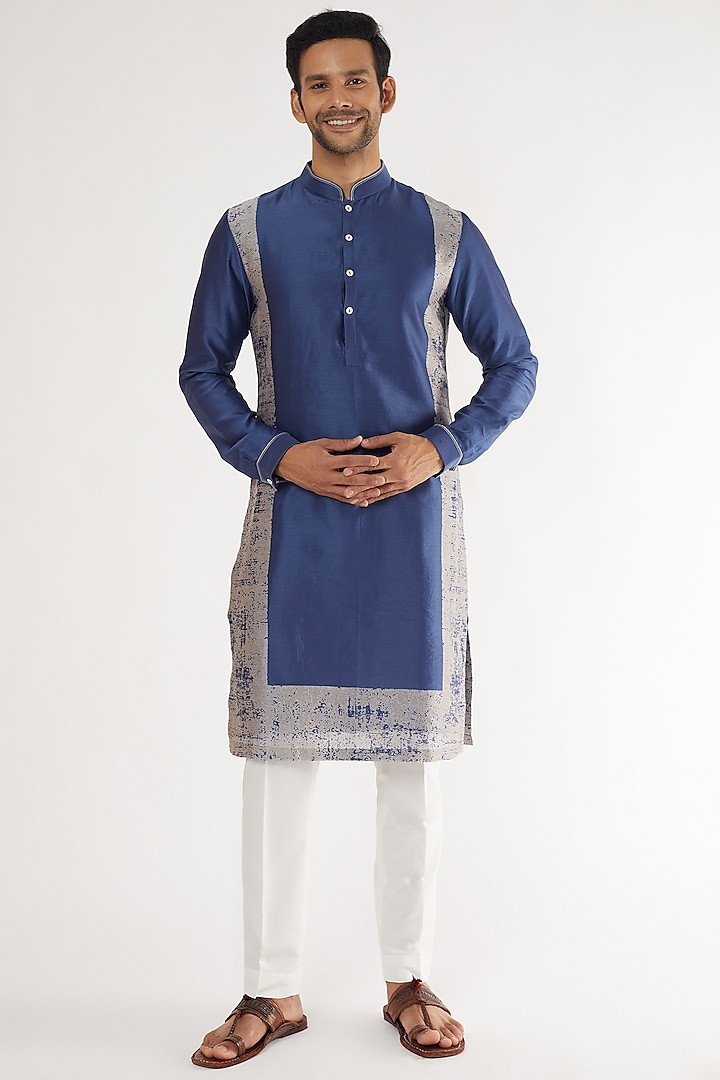 Ocean Blue Cotton Silk Chanderi Printed Kurta Set by Dhruv Vaish