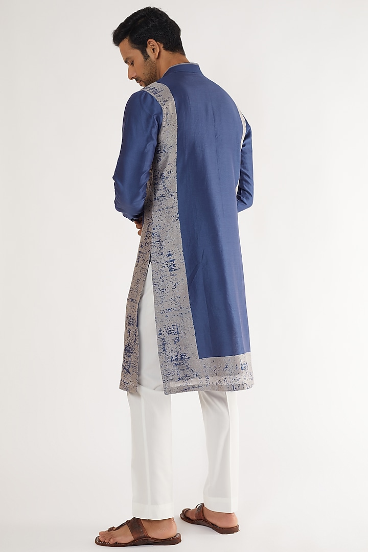 Ocean Blue Cotton Silk Chanderi Printed Kurta Set by Dhruv Vaish at Pernia's Pop Up Shop