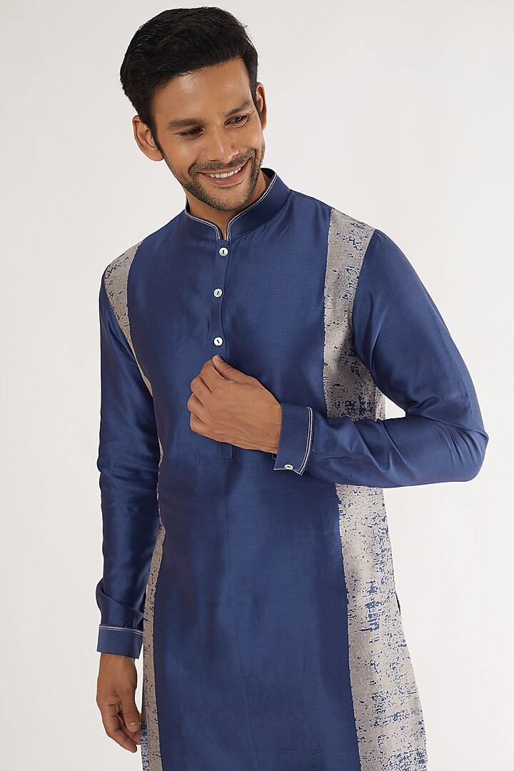 Ocean Blue Cotton Silk Chanderi Printed Kurta Set by Dhruv Vaish at Pernia's Pop Up Shop