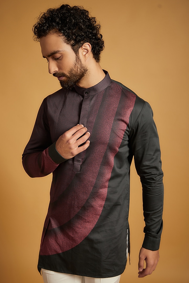 Black & Maroon Handloom Cotton Kurta by Dhruv Vaish at Pernia's Pop Up Shop