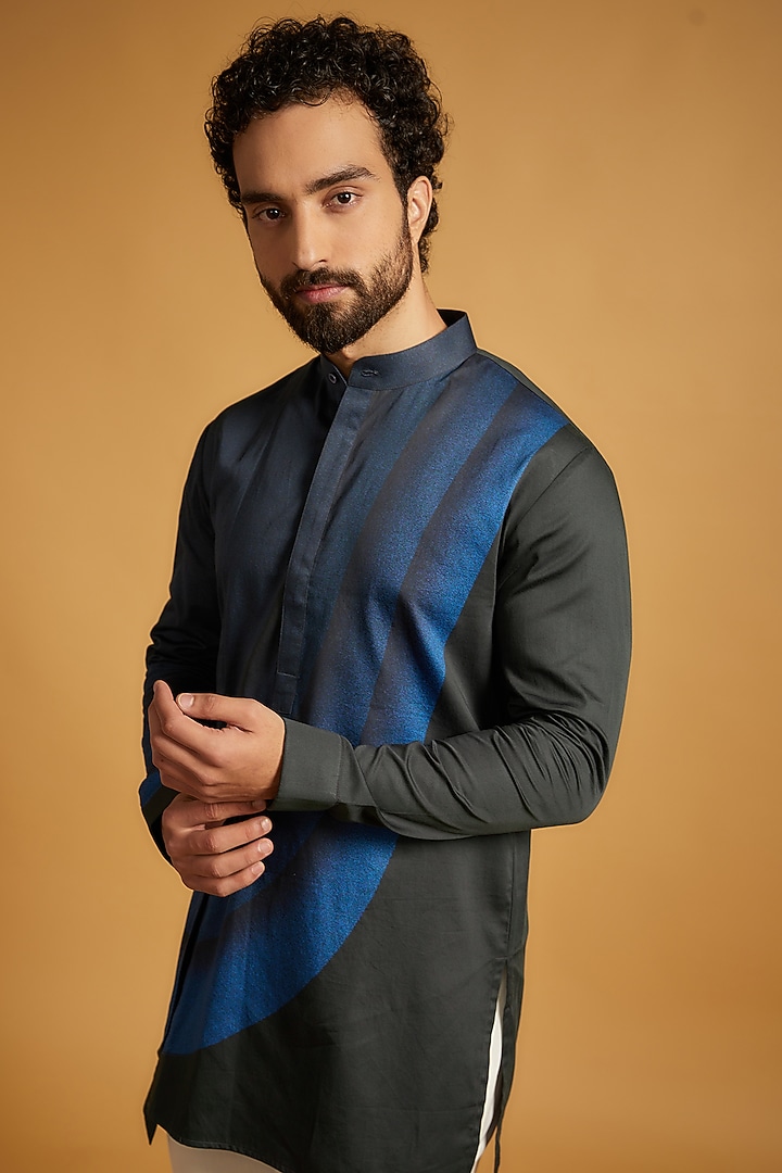 Black & Blue Handloom Cotton Kurta by Dhruv Vaish at Pernia's Pop Up Shop
