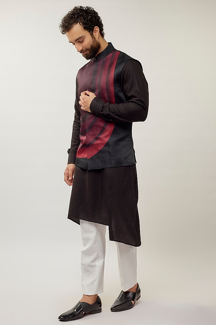 Black & Pink Cotton Silk Chanderi Printed Nehru Jacket Set by Dhruv Vaish