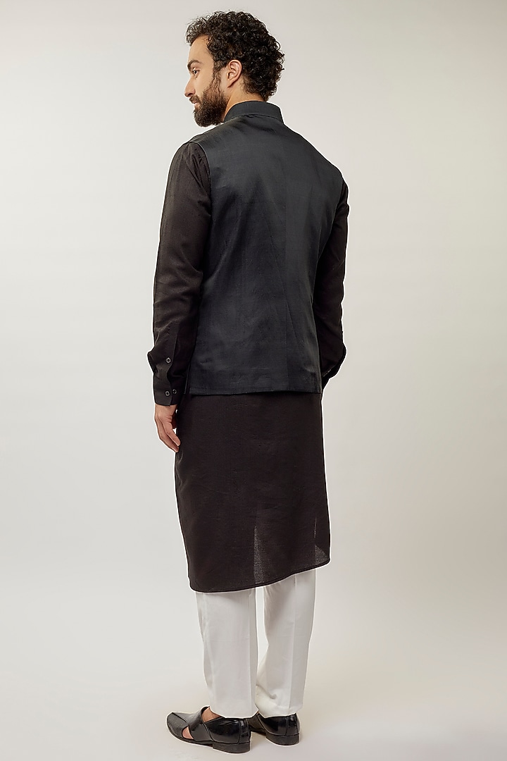Black & Pink Cotton Silk Chanderi Printed Nehru Jacket Set by Dhruv Vaish at Pernia's Pop Up Shop
