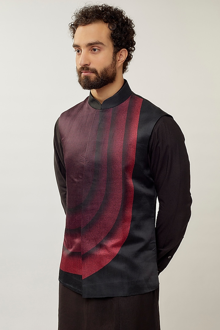 Black & Pink Cotton Silk Chanderi Printed Nehru Jacket Set by Dhruv Vaish at Pernia's Pop Up Shop
