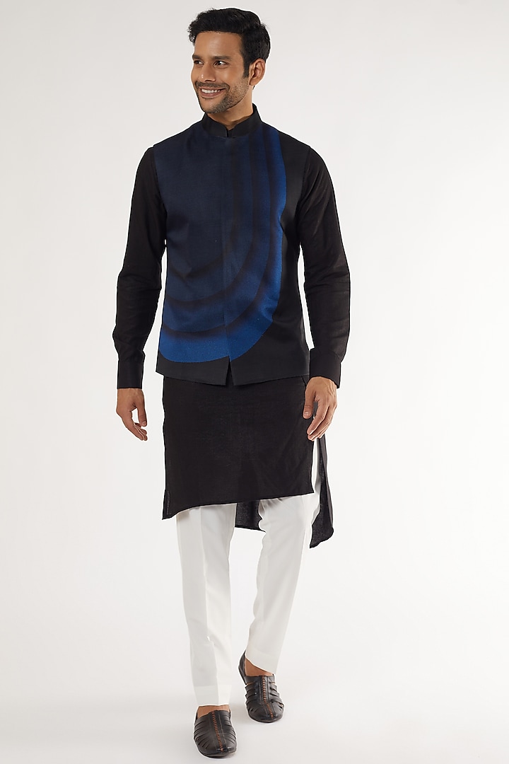 Black Viscose Satin Printed Nehru Jacket Set by Dhruv Vaish