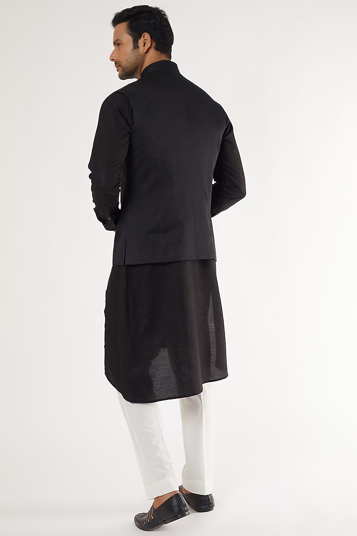 Black Viscose Satin Printed Nehru Jacket Set by Dhruv Vaish at Pernia's Pop Up Shop