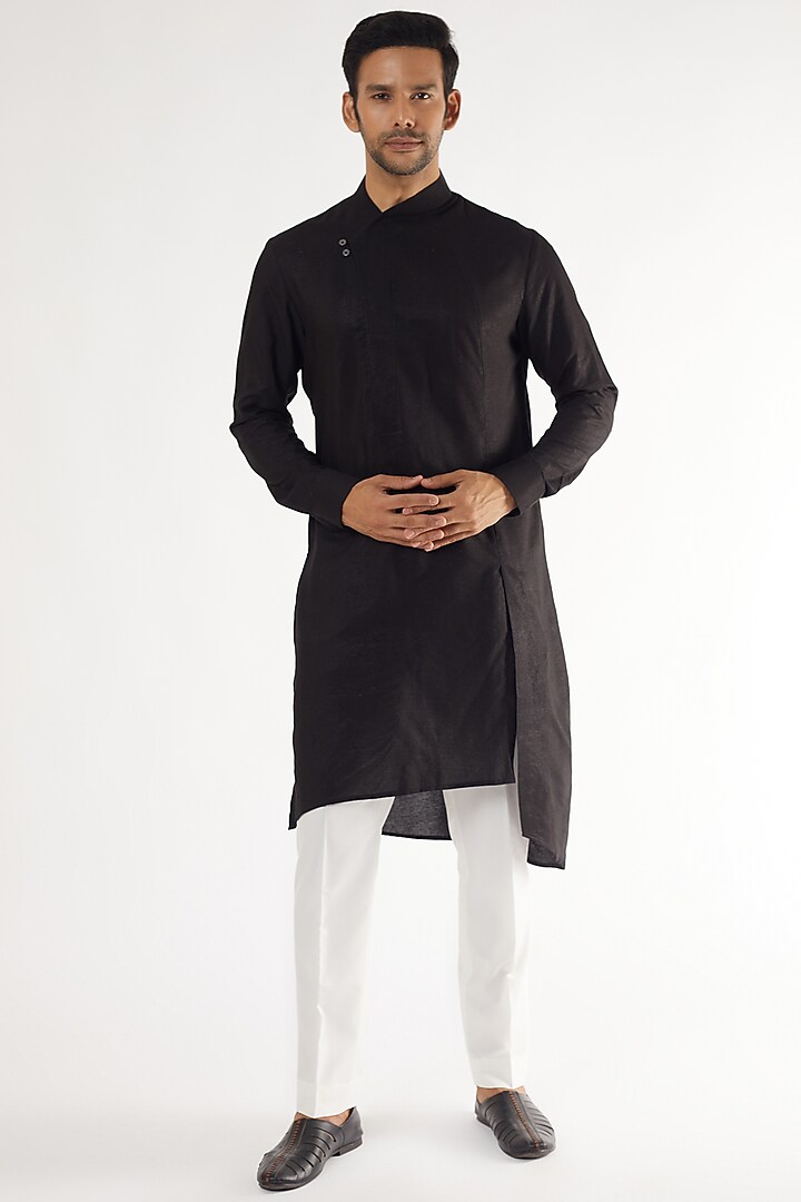 Black Viscose Satin Printed Nehru Jacket Set by Dhruv Vaish at Pernia's Pop Up Shop