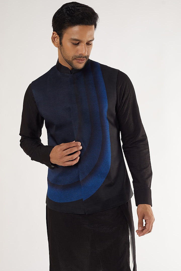 Black Viscose Satin Printed Nehru Jacket Set by Dhruv Vaish at Pernia's Pop Up Shop