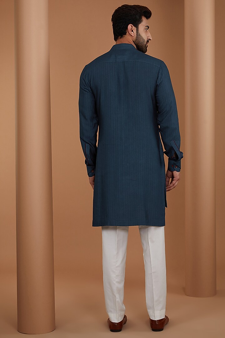 Navy Blue Herringbone Cotton Silk Kurta Set by Dhruv Vaish at Pernia's Pop Up Shop