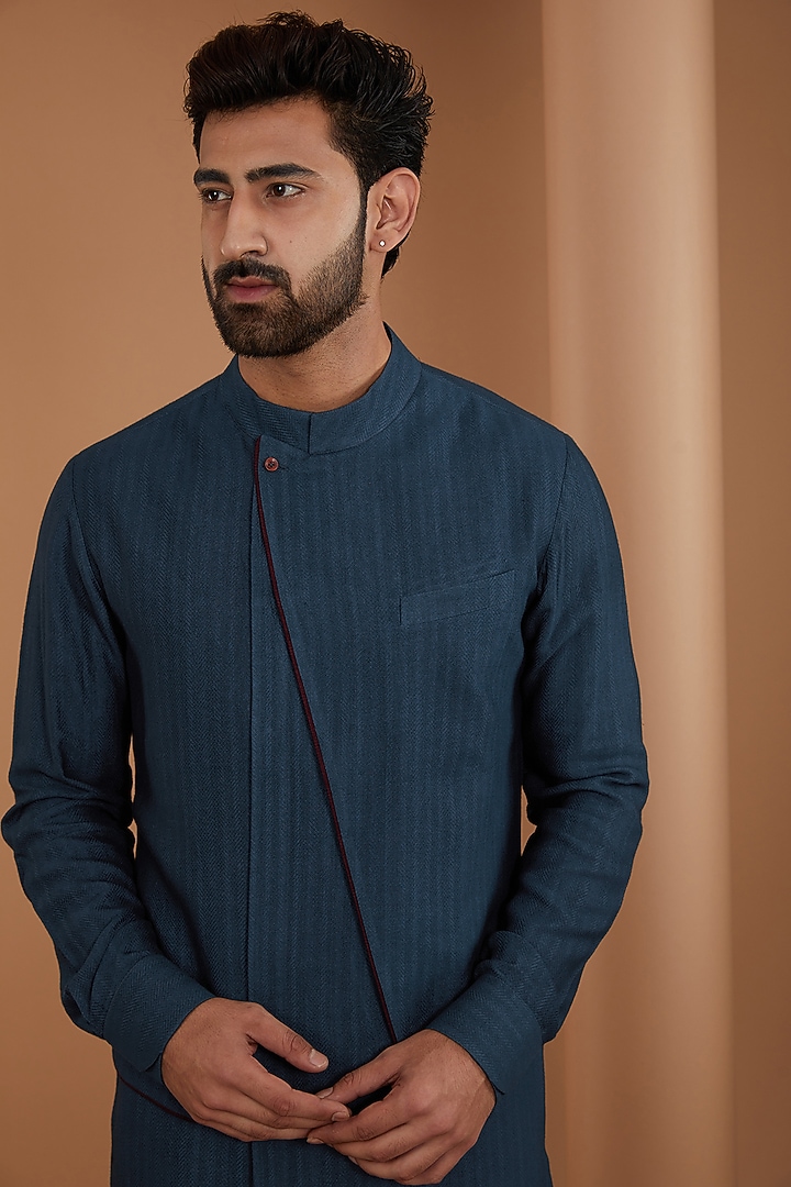 Navy Blue Herringbone Cotton Silk Kurta Set by Dhruv Vaish at Pernia's Pop Up Shop