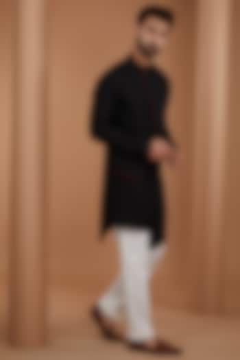 Black Herringbone Cotton Silk Kurta Set by Dhruv Vaish