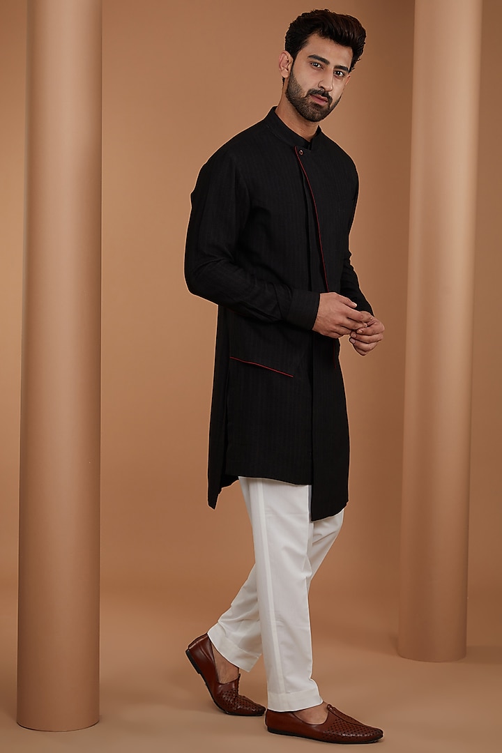 Black Herringbone Cotton Silk Kurta Set by Dhruv Vaish