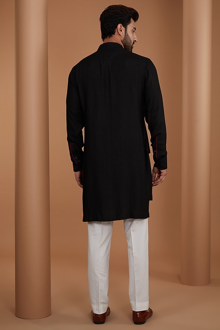 Black Herringbone Cotton Silk Kurta Set by Dhruv Vaish at Pernia's Pop Up Shop