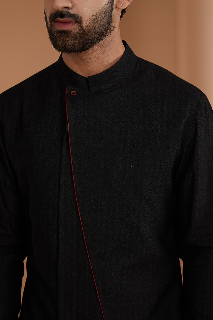 Black Herringbone Cotton Silk Kurta Set by Dhruv Vaish at Pernia's Pop Up Shop