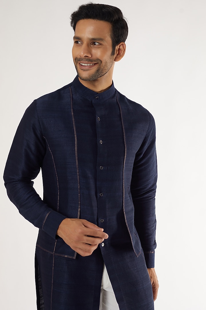 Blue Raw Silk Kurta Set by Dhruv Vaish at Pernia's Pop Up Shop