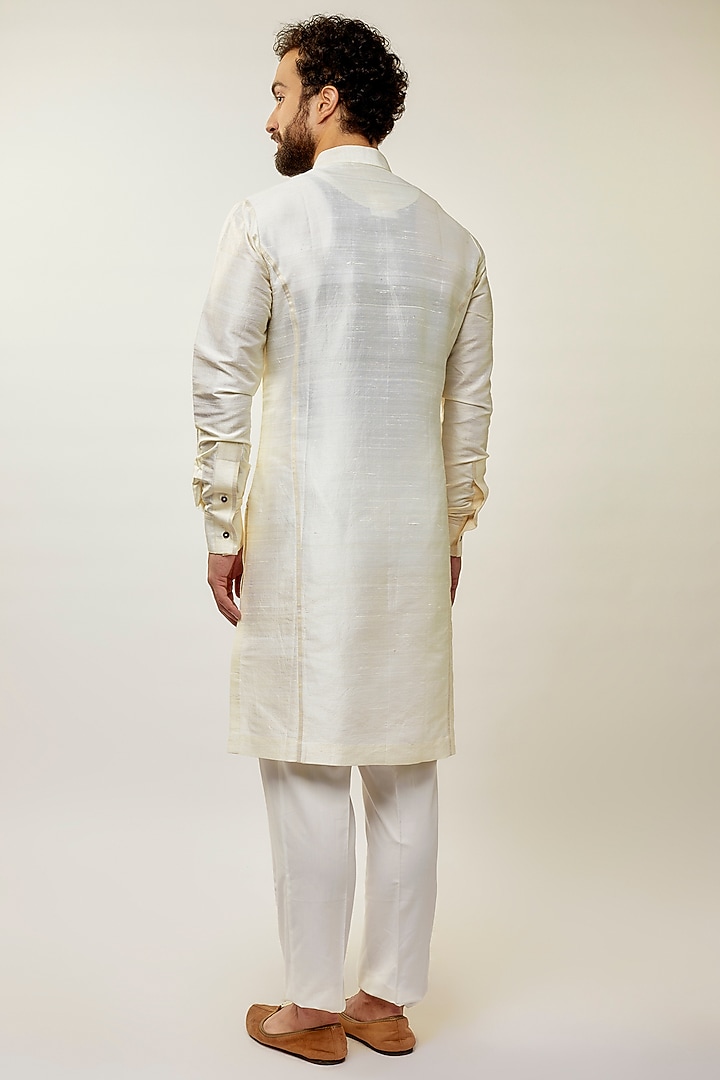 Ivory Raw Silk Front Open Kurta Set by Dhruv Vaish at Pernia's Pop Up Shop