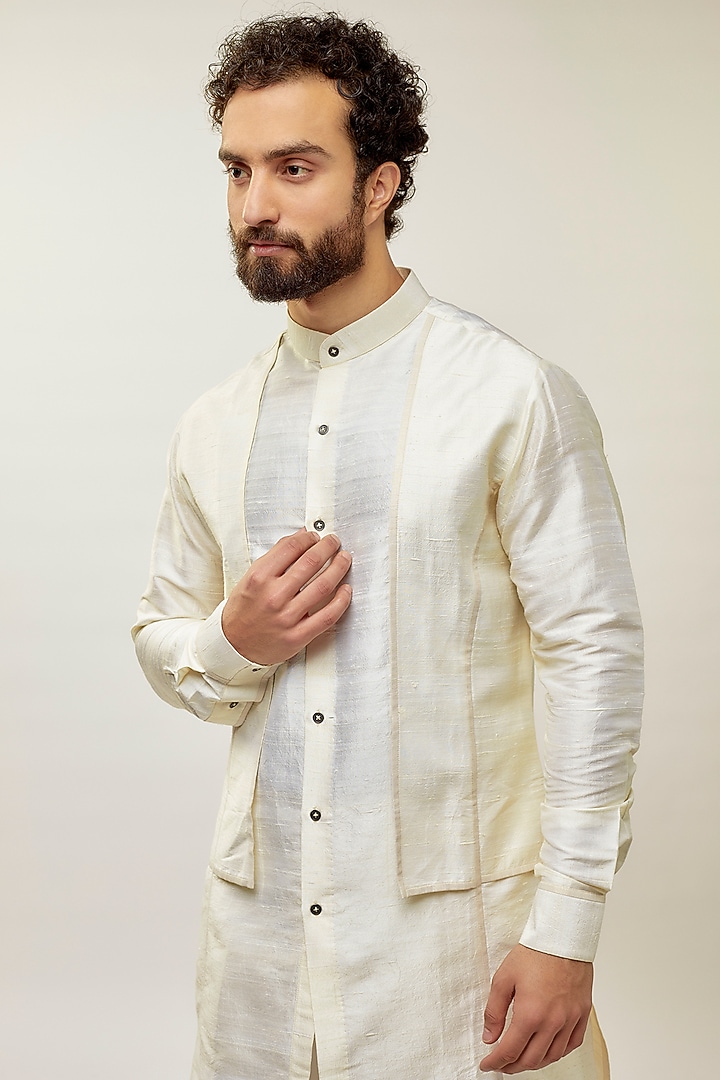 Ivory Raw Silk Front Open Kurta Set by Dhruv Vaish at Pernia's Pop Up Shop
