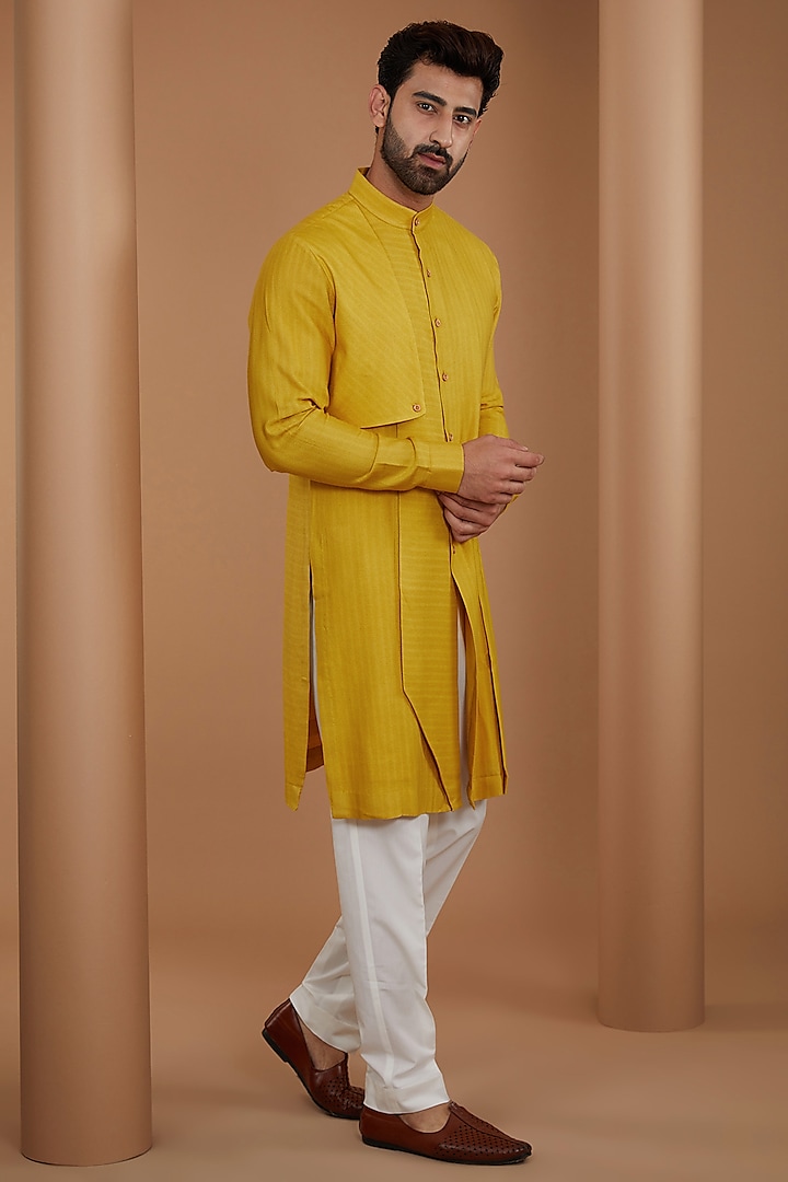 Marigold Herringbone Cotton Silk Kurta Set by Dhruv Vaish