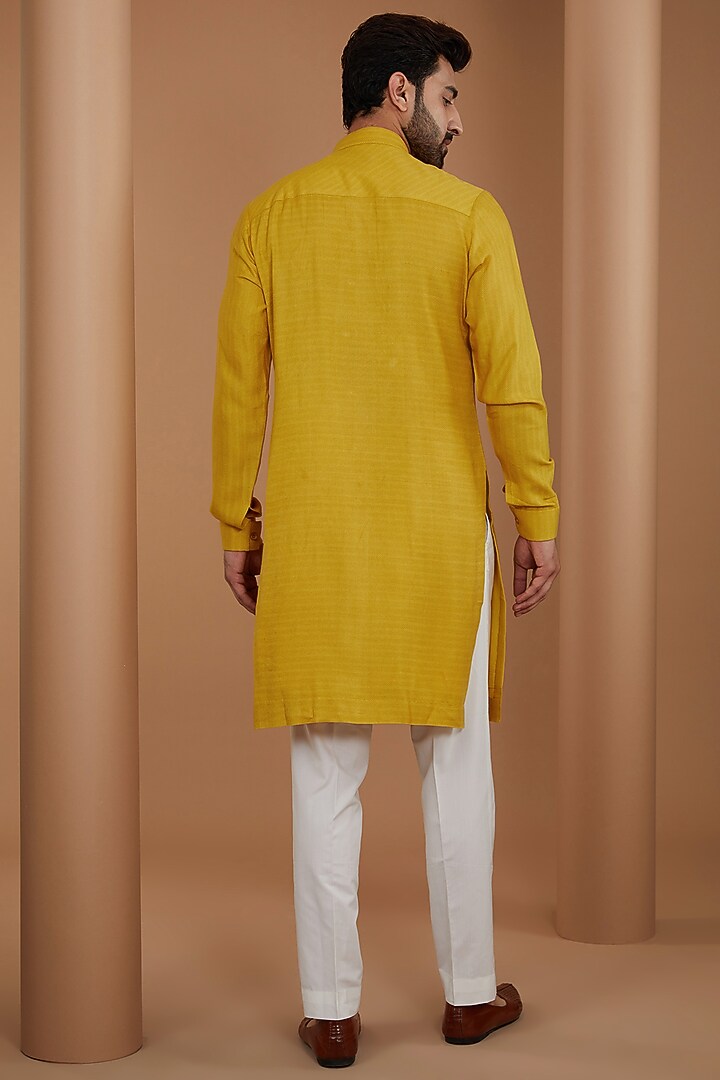 Marigold Herringbone Cotton Silk Kurta Set by Dhruv Vaish at Pernia's Pop Up Shop