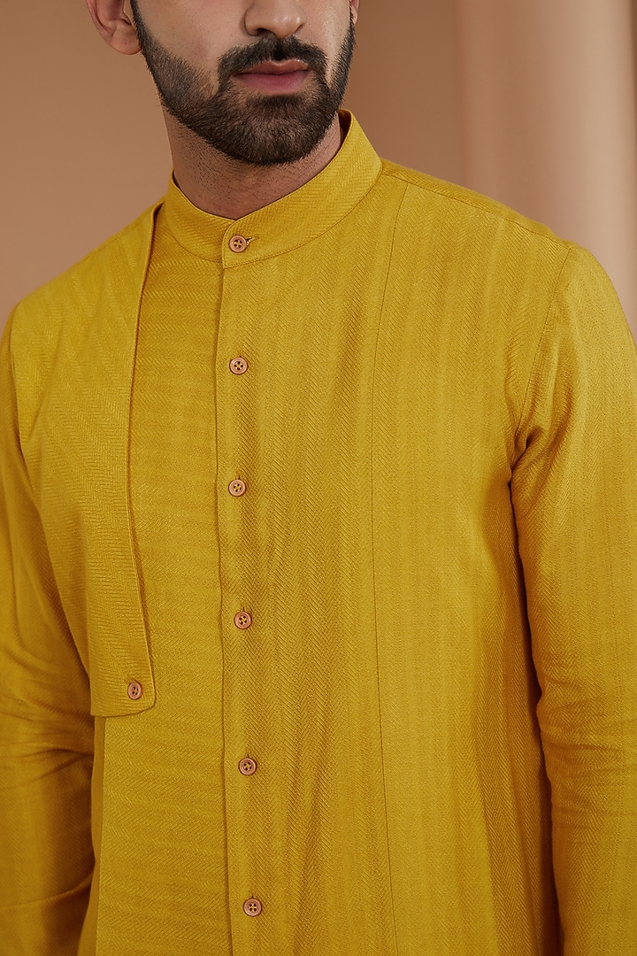 Marigold Herringbone Cotton Silk Kurta Set by Dhruv Vaish at Pernia's Pop Up Shop
