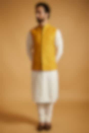 Yellow Silk Nehru Jacket by Dhruv Vaish