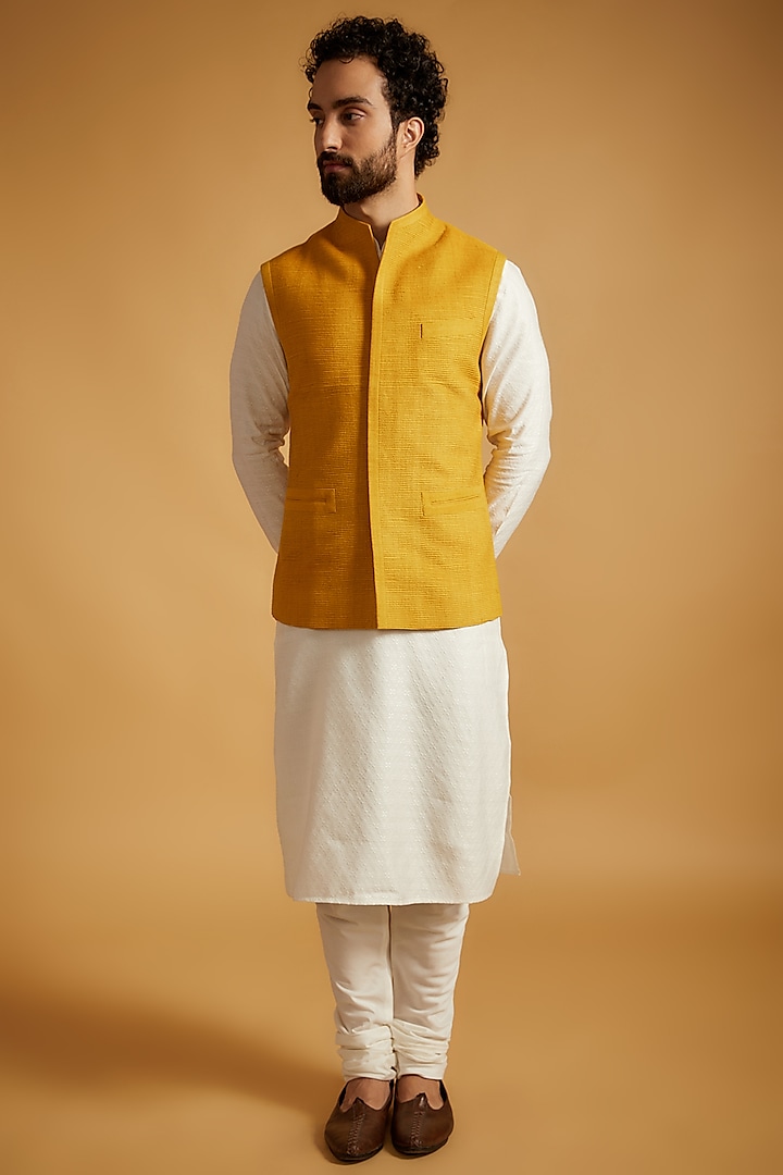 Yellow Silk Nehru Jacket by Dhruv Vaish