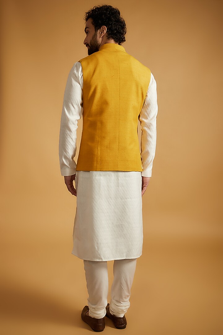 Yellow Silk Nehru Jacket by Dhruv Vaish at Pernia's Pop Up Shop