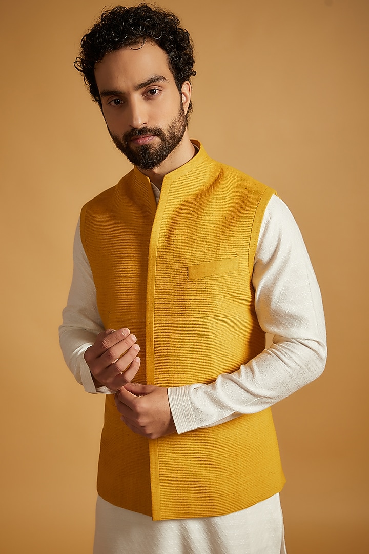 Yellow Silk Nehru Jacket by Dhruv Vaish at Pernia's Pop Up Shop