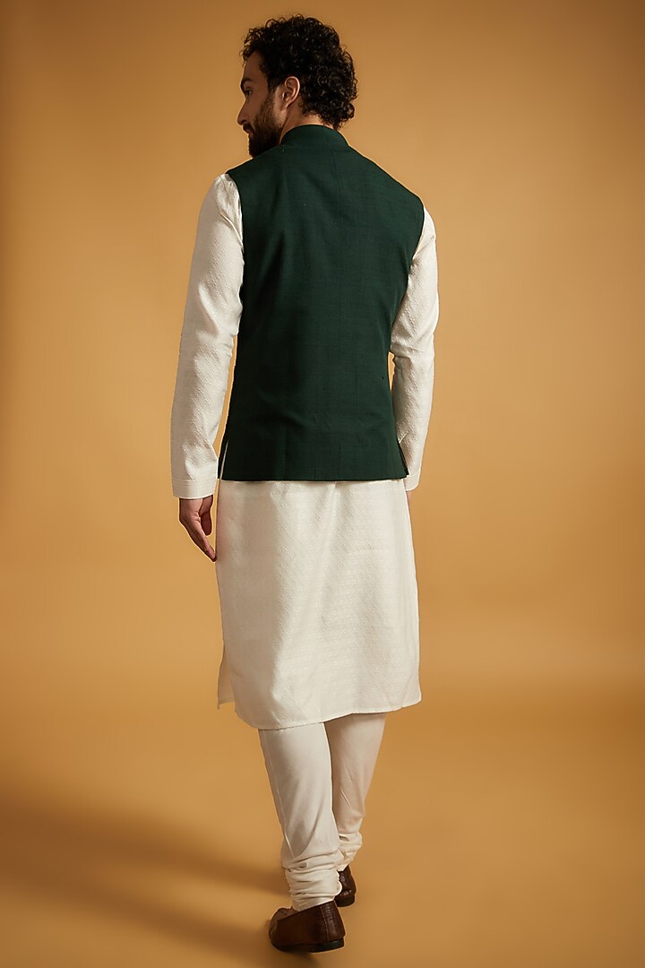 Bottle Green Silk Nehru Jacket by Dhruv Vaish at Pernia's Pop Up Shop