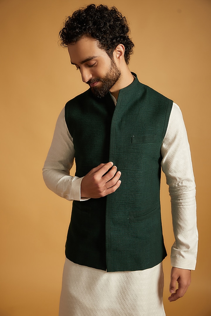 Bottle Green Silk Nehru Jacket by Dhruv Vaish at Pernia's Pop Up Shop