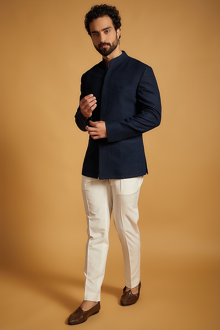 Navy Blue Silk Bandhgala Jacket by Dhruv Vaish at Pernia's Pop Up Shop