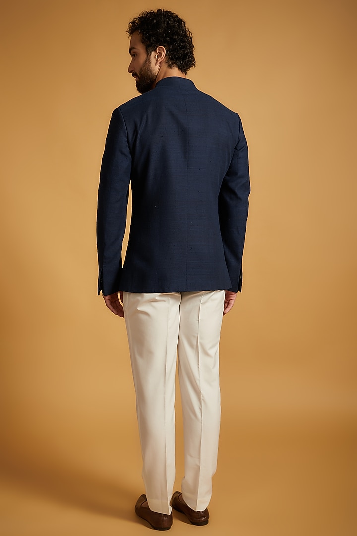 Navy Blue Silk Wedding Bandhgala Jacket by Dhruv Vaish at Pernia's Pop Up Shop