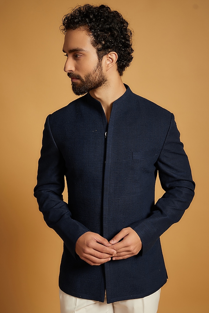 Navy Blue Silk Wedding Bandhgala Jacket by Dhruv Vaish at Pernia's Pop Up Shop