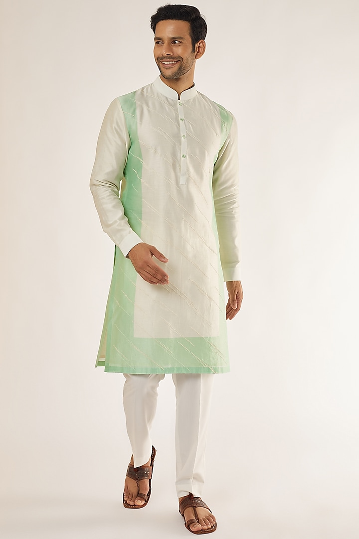 Green Cotton Silk Chanderi Printed & Embroidered Kurta Set by Dhruv Vaish