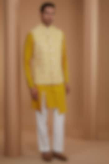 Marigold Raw Silk Printed & Embroidered Nehru Jacket Set by Dhruv Vaish