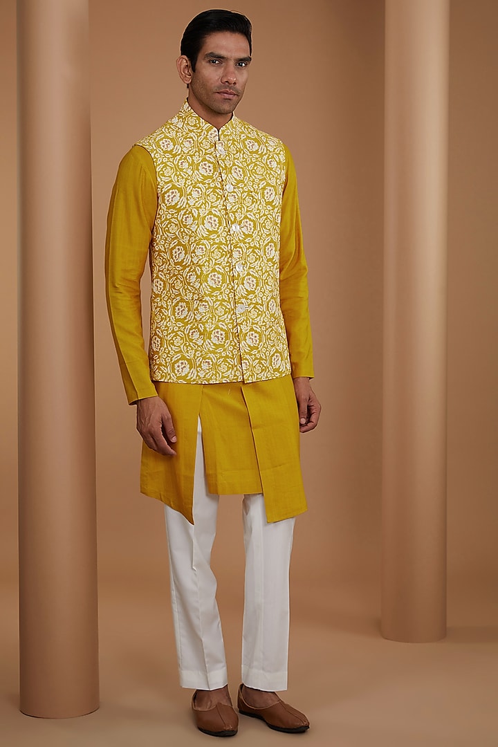 Marigold Raw Silk Printed & Embroidered Nehru Jacket Set by Dhruv Vaish