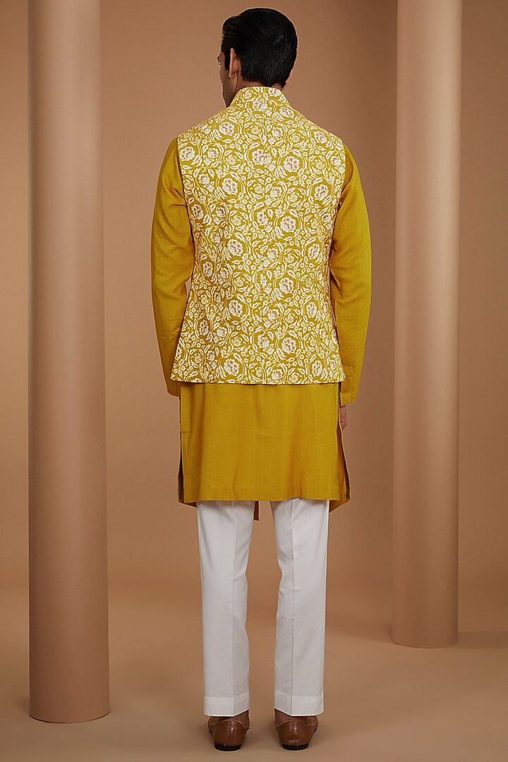 Marigold Raw Silk Printed & Embroidered Nehru Jacket Set by Dhruv Vaish at Pernia's Pop Up Shop